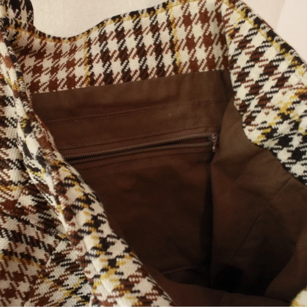 Francois Beauregard Brown Black Houndstooth Tote Handbag Boho Designer Small